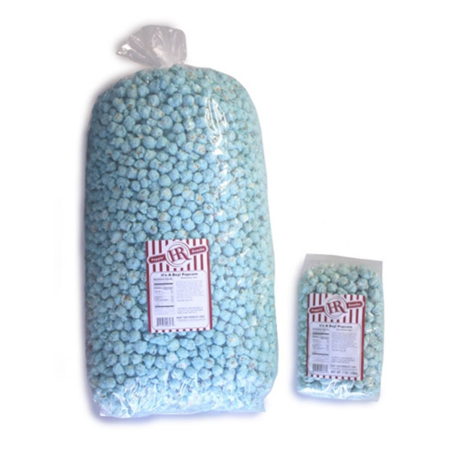 Blue marshmallow flavored popcorn from HR Poppin' Snacks, featuring It's A Boy design, in a large 84-serving food package.