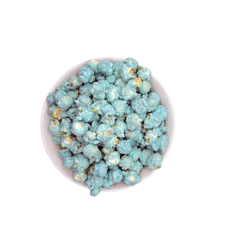 Blue marshmallow flavored popcorn by HR Poppin' Snacks, featuring vibrant blue popcorn pieces in a large serving size.
