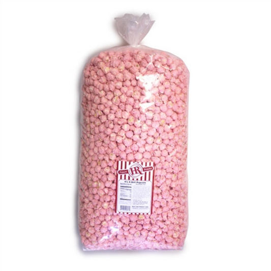 Pink marshmallow flavored popcorn from HR Poppin' Snacks, featuring It's A Girl theme, with vibrant pink color and fluffy texture.