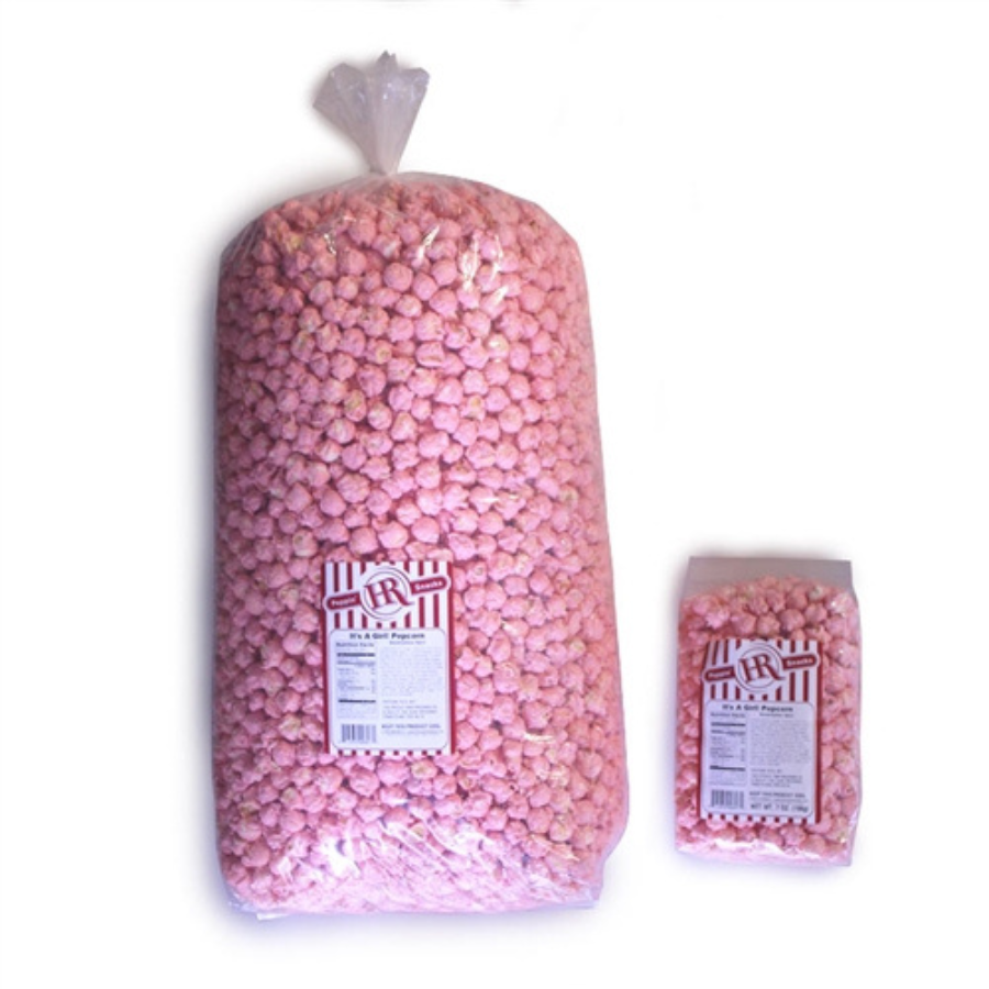 Pink marshmallow flavored popcorn from HR Poppin' Snacks with It's A Girl theme, 84 servings, ideal for celebrations and snacking.