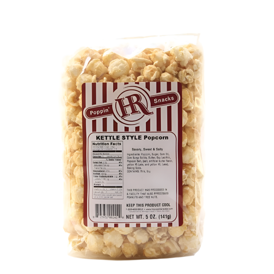 5 oz Kettle Popcorn from HR Poppin' Snacks, featuring crunchy, golden popcorn in a clear bag, perfect for snacking.