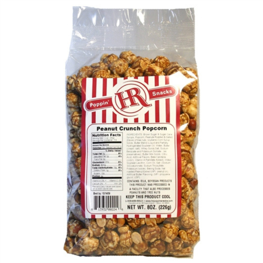 Golden peanut crunch popcorn in an 8 oz bag from HR Poppin' Snacks, showcasing crispy, caramelized popcorn with peanut pieces.