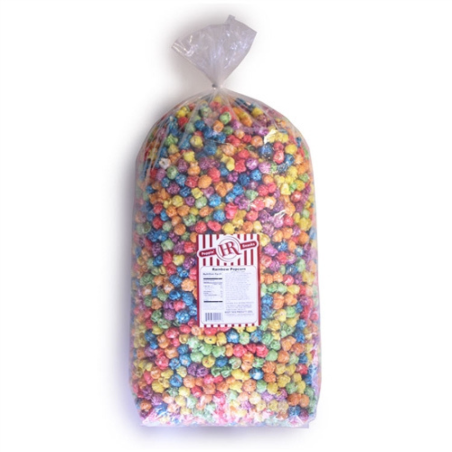 Colorful rainbow popcorn snack from HR Poppin' Snacks, featuring vibrant, multicolored pieces in a fun food product image.