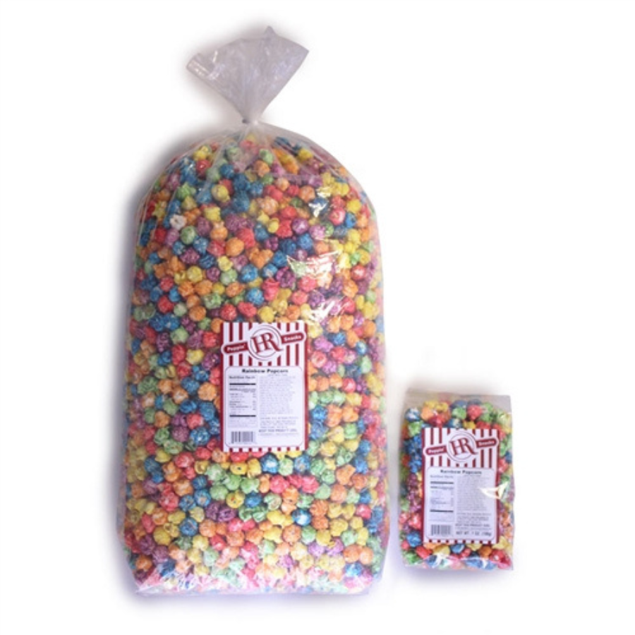 Colorful rainbow popcorn from HR Poppin' Snacks, showcasing vibrant multicolored kernels in an inviting food presentation.