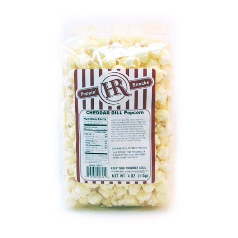 Cheddar Dill Popcorn from HR Poppin' Snacks in a 4 oz bag, featuring flavorful cheddar and dill seasoning.