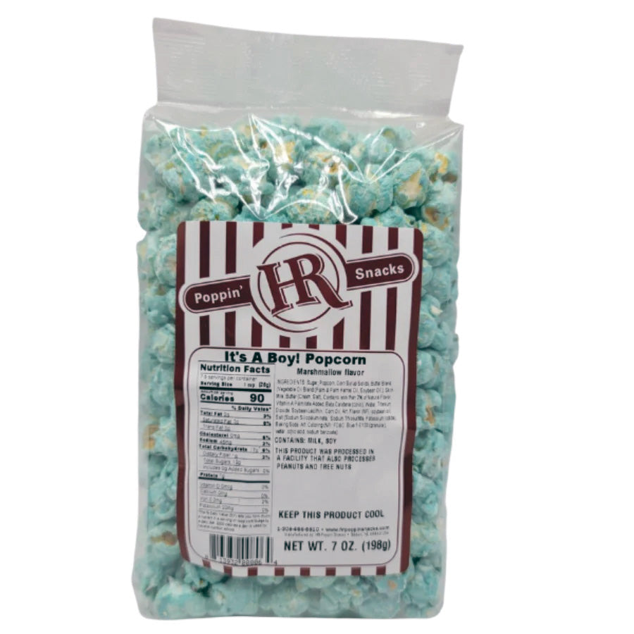Blue marshmallow flavored popcorn in a 7 oz bag from HR Poppin' Snacks, perfect for sweet, colorful snack cravings.