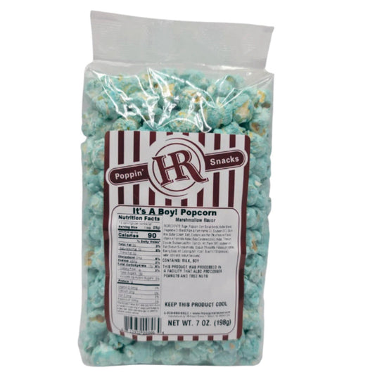 Blue marshmallow flavored popcorn in a 7 oz bag from HR Poppin' Snacks, perfect for sweet, colorful snack cravings.