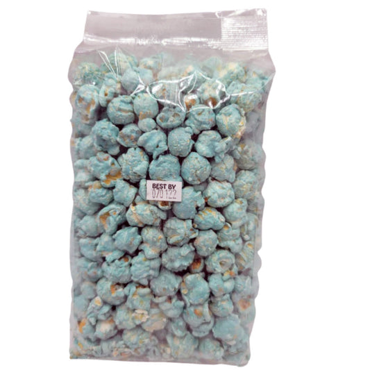 Blue marshmallow flavored popcorn in a 7 oz bag from HR Poppin' Snacks, featuring colorful packaging with popcorn and marshmallow images.