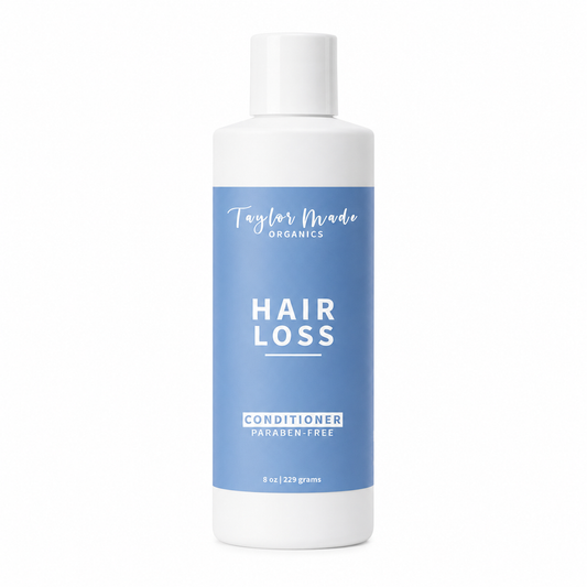 Organic hair loss conditioner with silk protein by Taylor Made Organics, showing creamy formula and silk infusion in a hair care bottle.