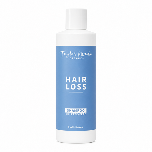 Taylor Made Organics sulfate-free hair loss shampoo bottle for hair growth, shown with natural background and product label visible.