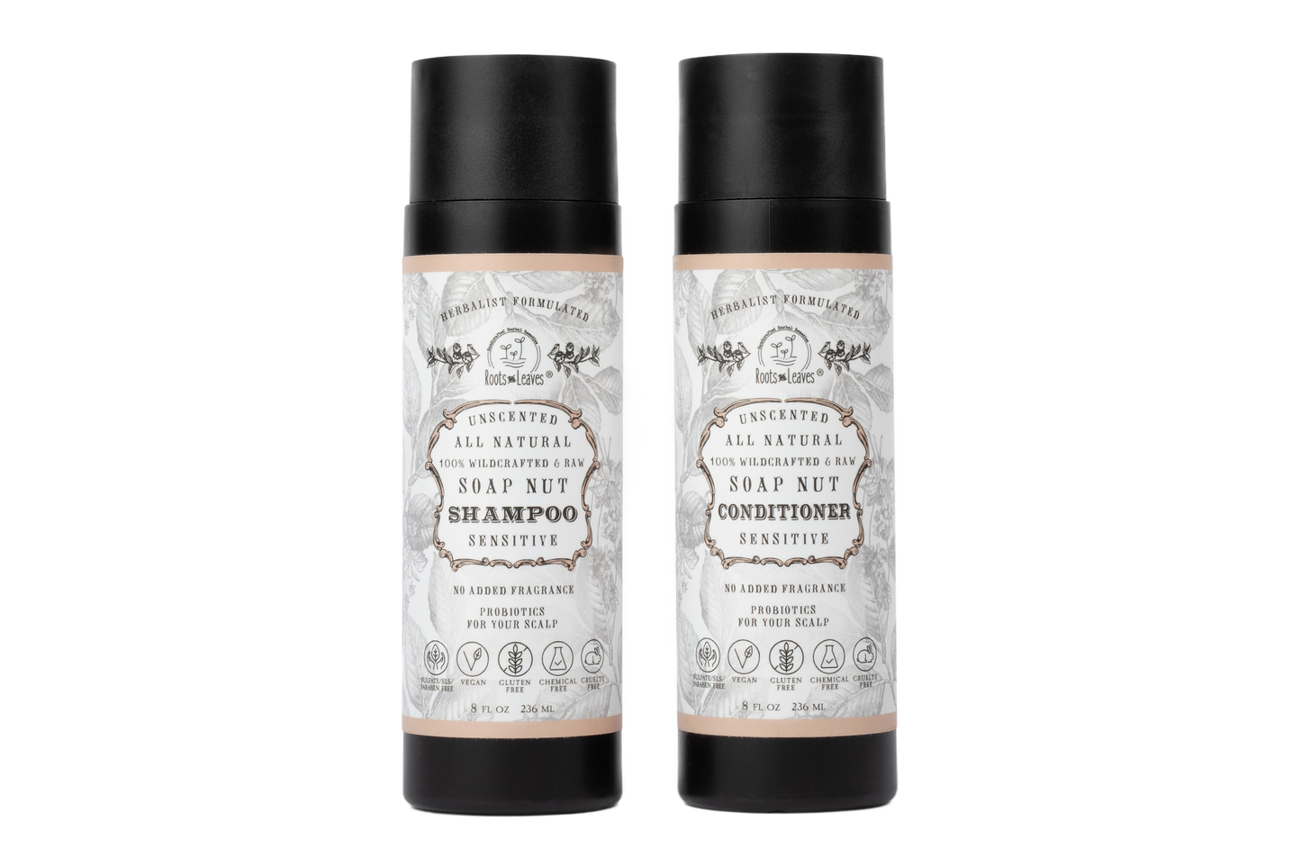 All natural soapnut shampoo and conditioner set with unscented formula, featuring wild fermented probiotics for scalp health, by Roots and Leaves LLC.