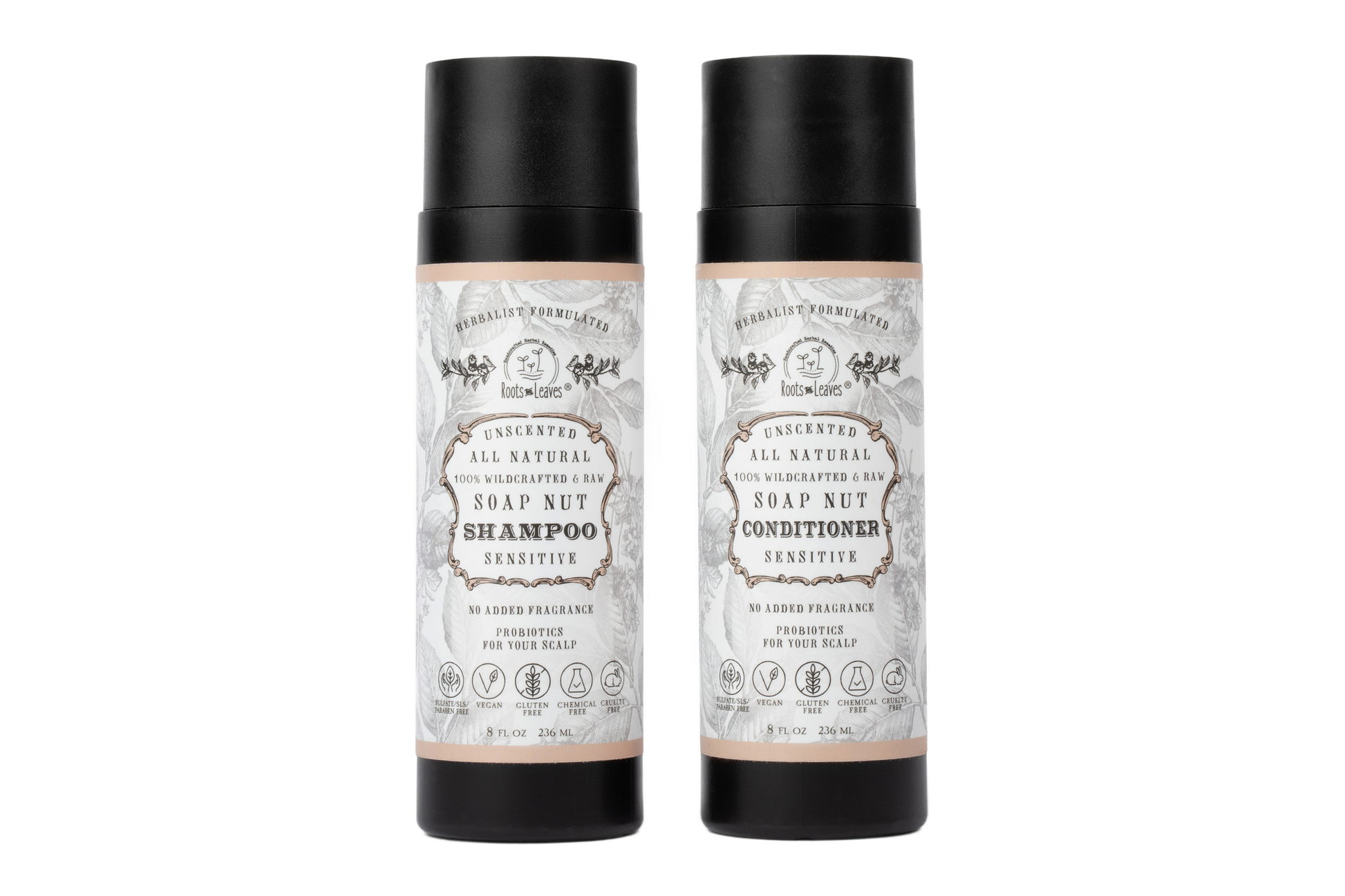All natural soapnut shampoo and conditioner set with unscented formula, featuring wild fermented probiotics for scalp health, by Roots and Leaves LLC.
