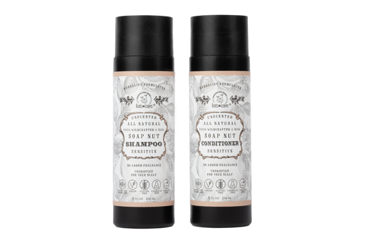 All natural soapnut shampoo and conditioner set with unscented formula, featuring wild fermented probiotics for scalp health, by Roots and Leaves LLC.