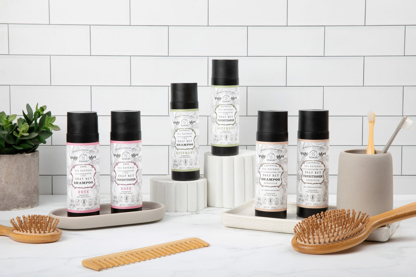 All natural unscented soapnut shampoo and conditioner set with wild fermented probiotics for healthy scalp care, by Roots and Leaves LLC.