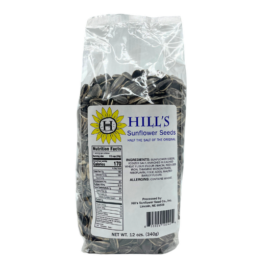 Half salt sunflower seeds in 12 oz pack from Hill's Sunflower Seeds, showing salted sunflower seeds in a clear container.