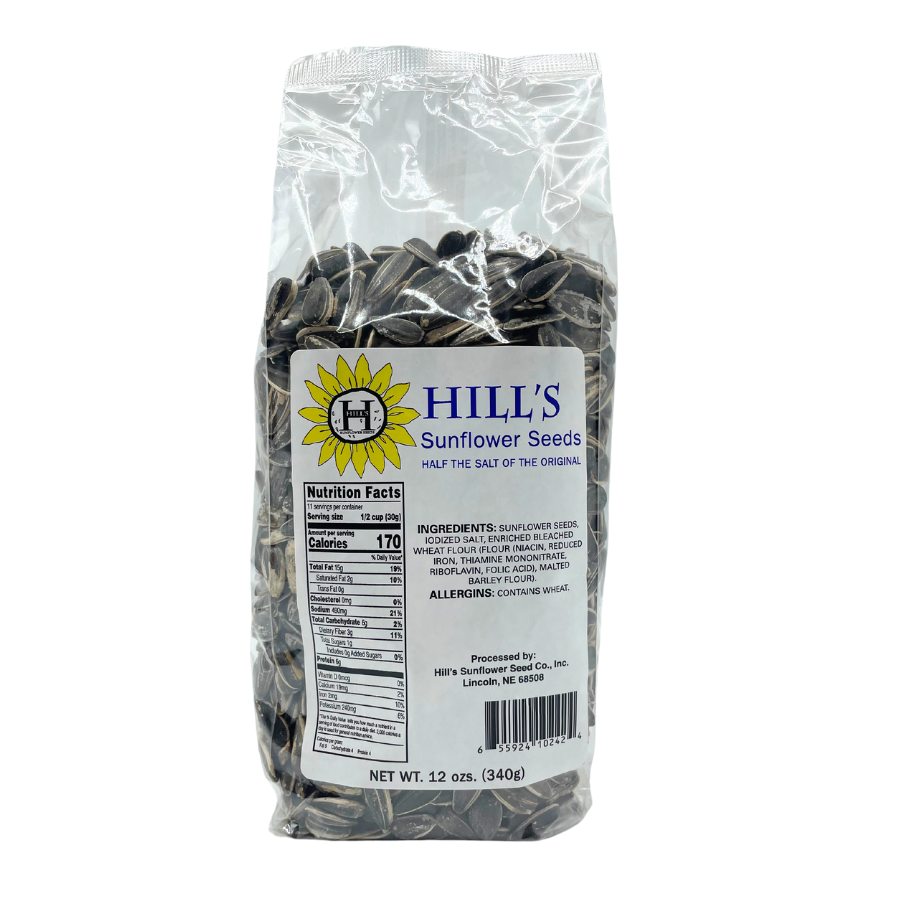 Half Salt Sunflower Seeds from Hill's Sunflower Seeds in a 3-pack, 12 oz food multipack with salted sunflower seed shells.