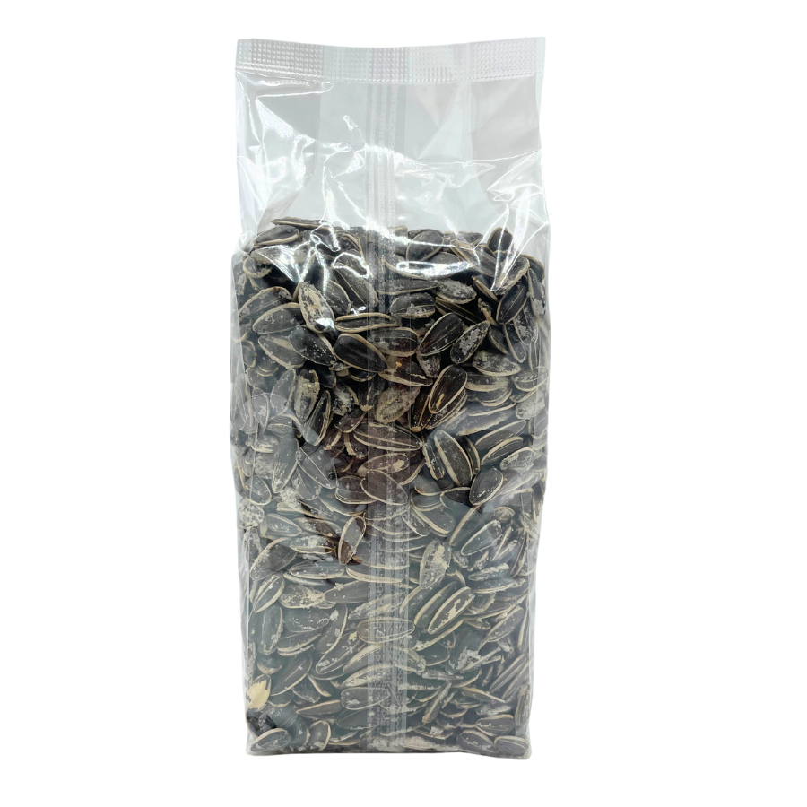 Half Salt Sunflower Seeds in 12 oz bag from Hill's Sunflower Seeds, featuring a close-up of salted sunflower seeds.