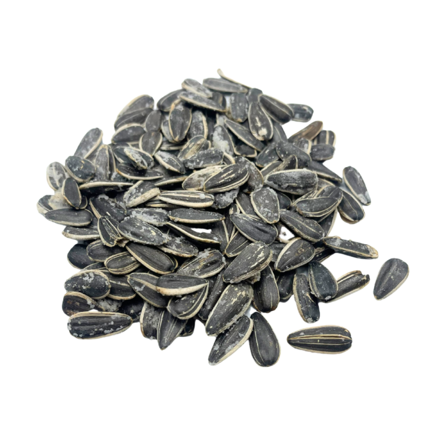 Half salt sunflower seeds in a 12 oz bag from Hill's Sunflower Seeds, featuring a close-up of the seed cluster.