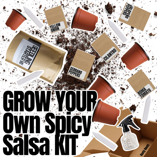Hasty Roots Spicy Salsa Kit with fresh herbs, peppers, and ingredients for home salsa gardening and cooking.