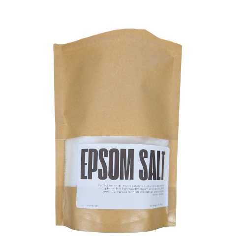 Hasty Roots Epsom Salt soil enhancer in a resealable bag, showing white crystalline Epsom salt for garden use.