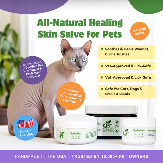 ReNewedPet healing skin salve jar showing natural herbal ingredients and application on animal skin for skin health.