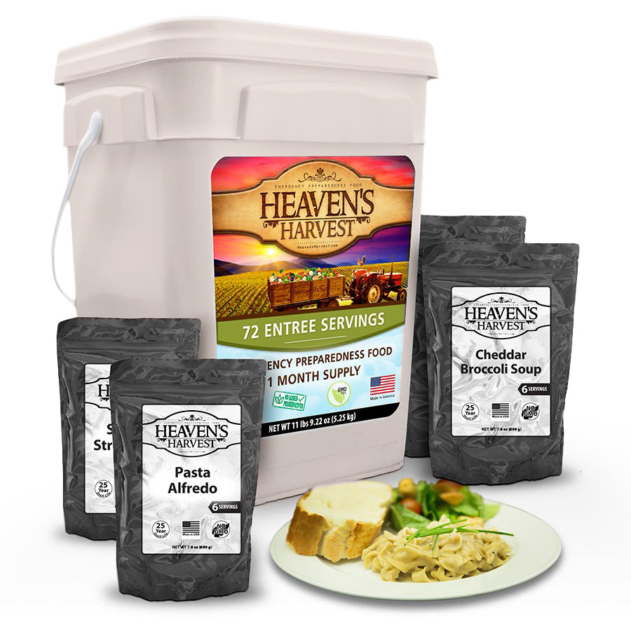 Heaven's Harvest entree survival food bucket for one person with 72 servings, showing sealed food pouches in an emergency prep kit.