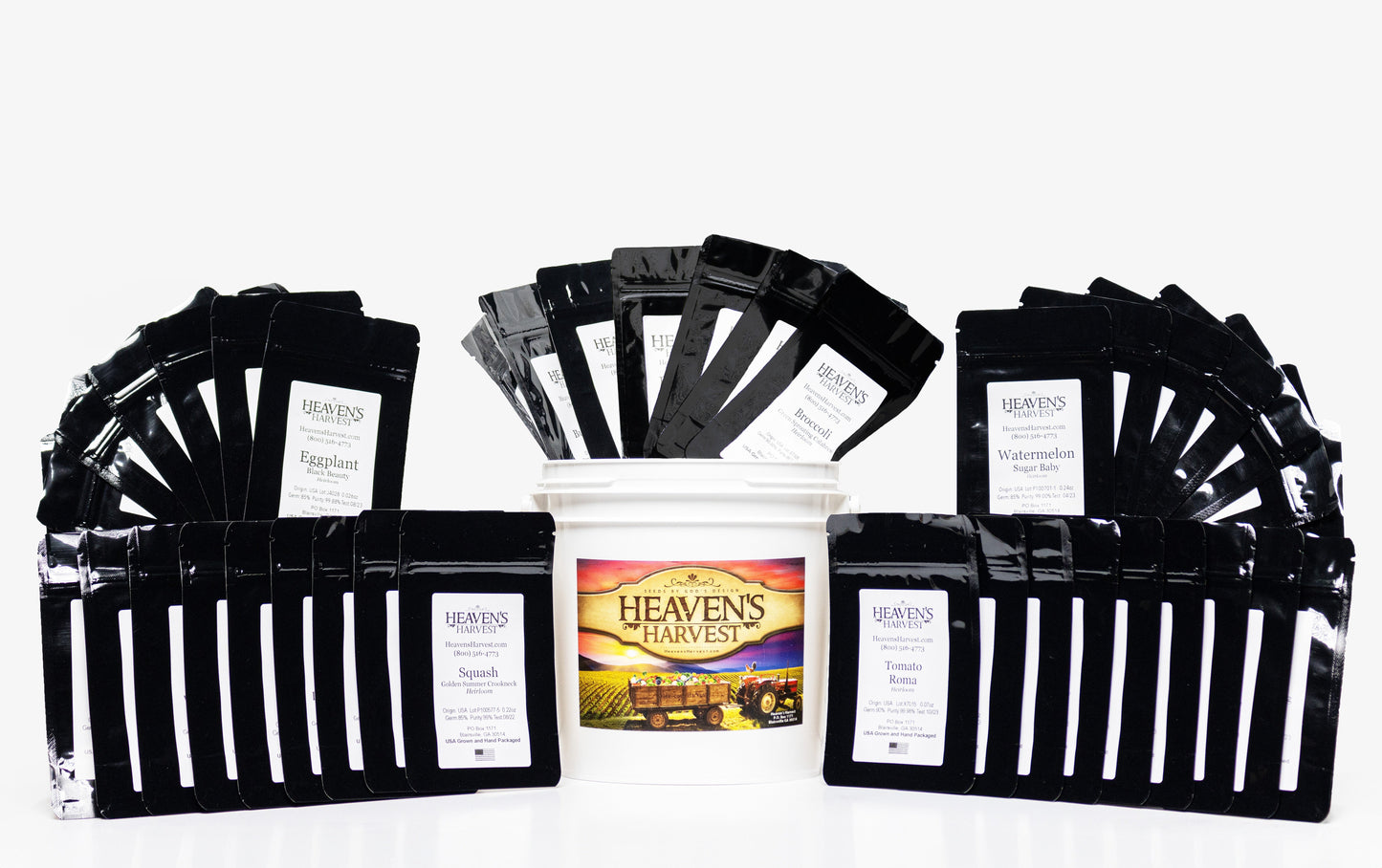 Heaven's Harvest Heirloom Max Seed Kit with 39 vegetable and herb seed varieties for sustainable gardening.