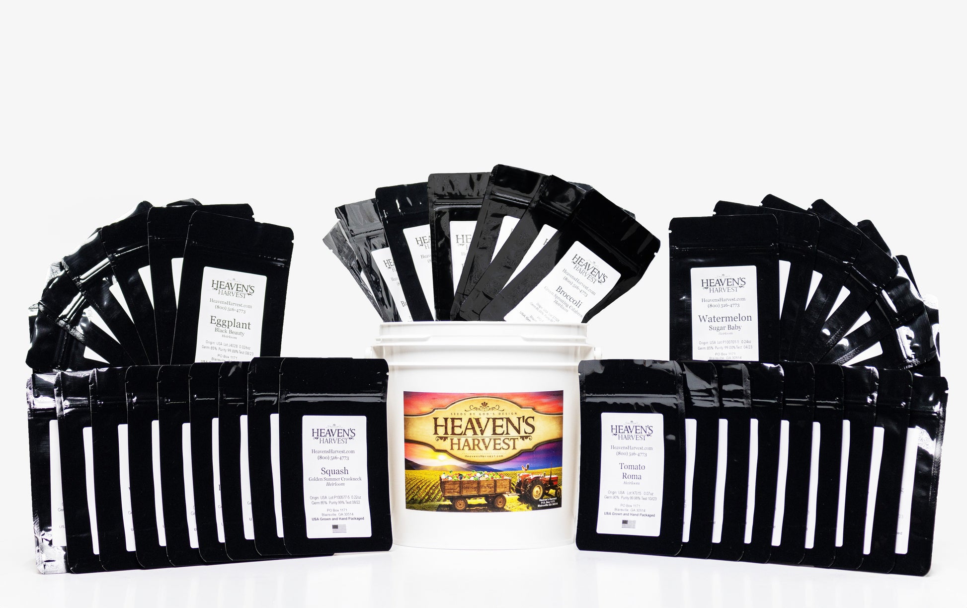Heaven's Harvest Heirloom Max Seed Kit with 39 vegetable and herb seed varieties for sustainable gardening.