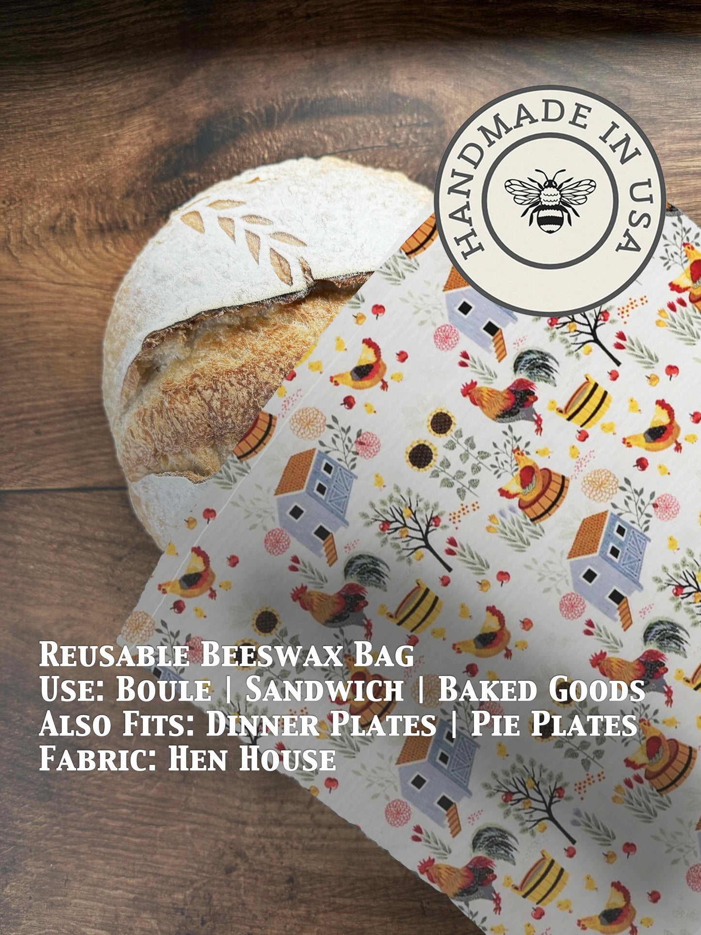 Beeswaxed bread bag from Five Oaks Farm featuring a hen house design, eco-friendly storage for homemade bread.