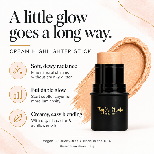 Cream highlighter multistick by Taylor Made Organics with luminous finish, perfect for highlighting cheekbones and adding glow.