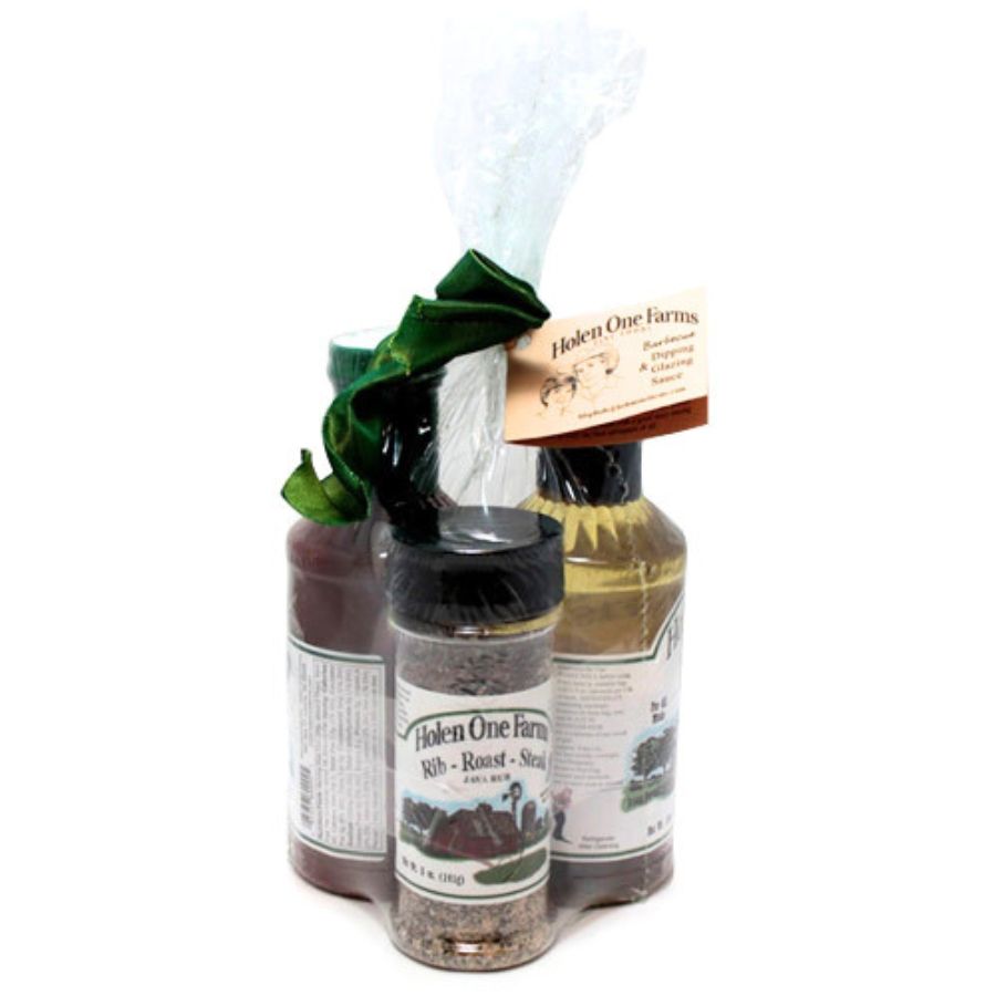 Assorted barbecue marinade, sauce, and seasoning set from Holen One Farms, displayed in a food bundle arrangement.