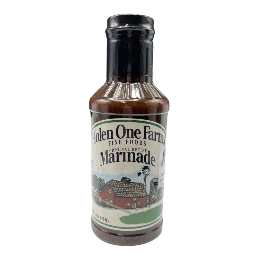 Assorted barbecue marinade, sauce, and seasoning set from Holen One Farms, displayed in a natural food bundle arrangement.