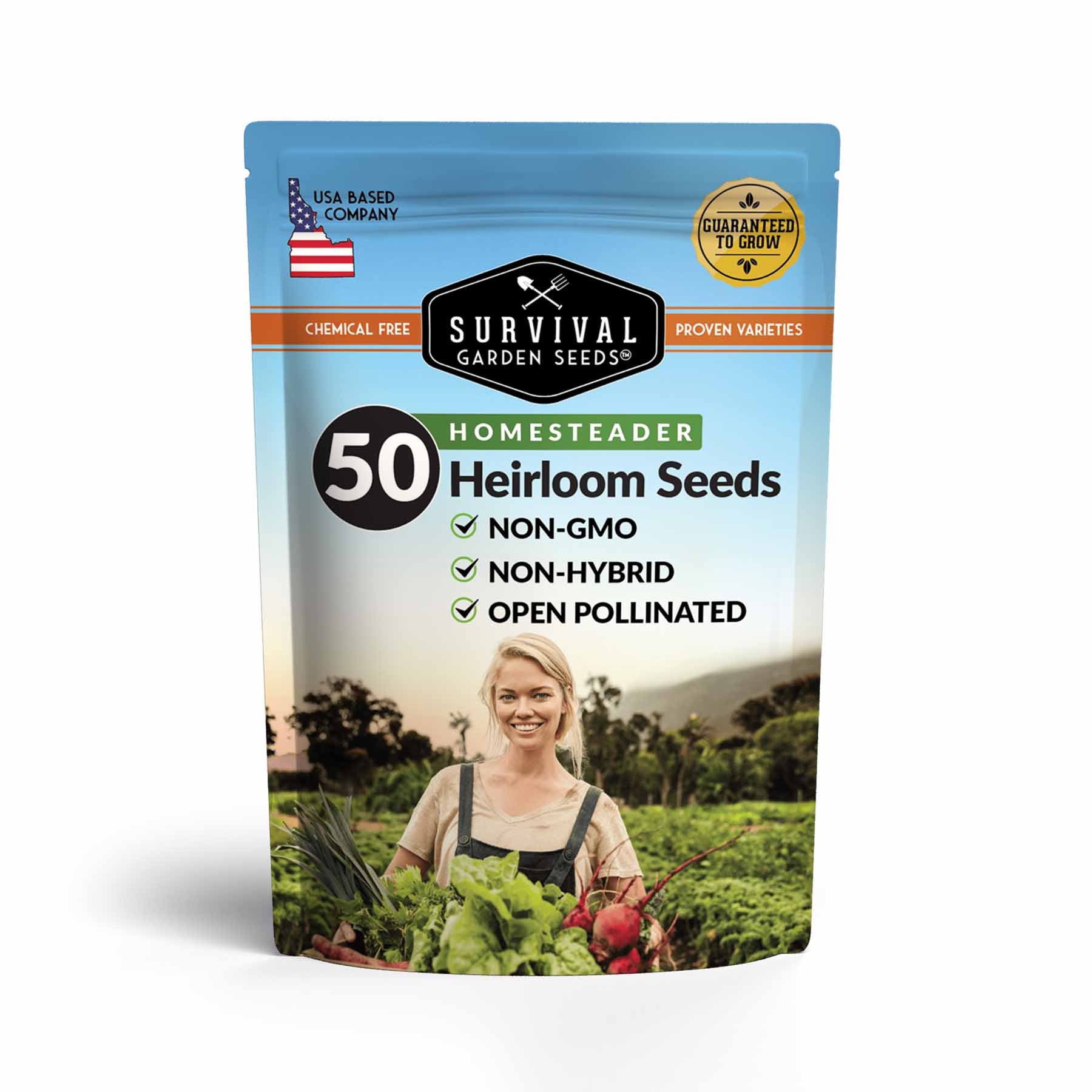 Homestead Garden Collection vegetable seeds by SurvivalGardenSeeds, showing colorful seed packets for self-reliant gardening.
