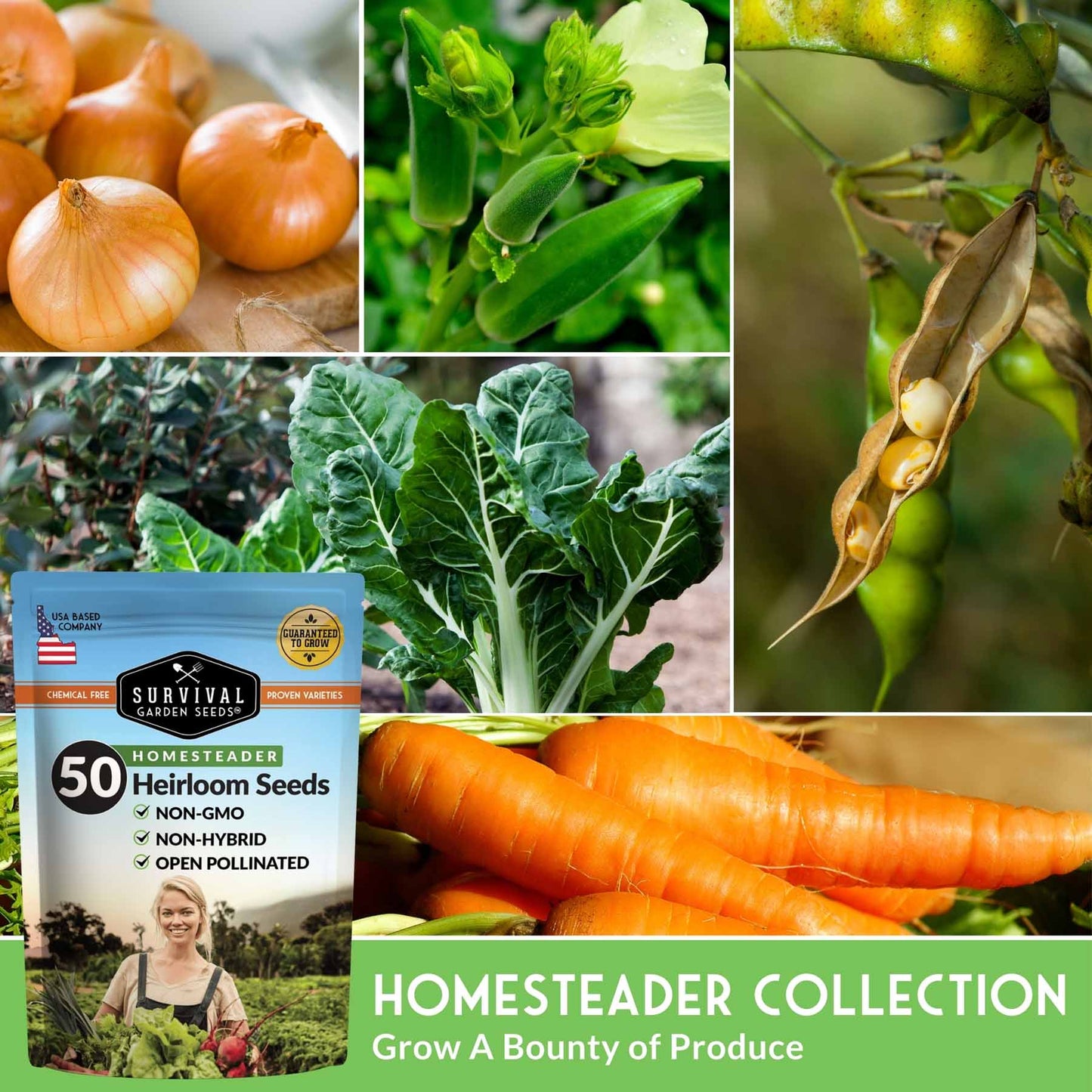 Homestead Garden Collection vegetable seeds by SurvivalGardenSeeds, showing colorful packets of 50 essential seeds for self-reliant gardening.