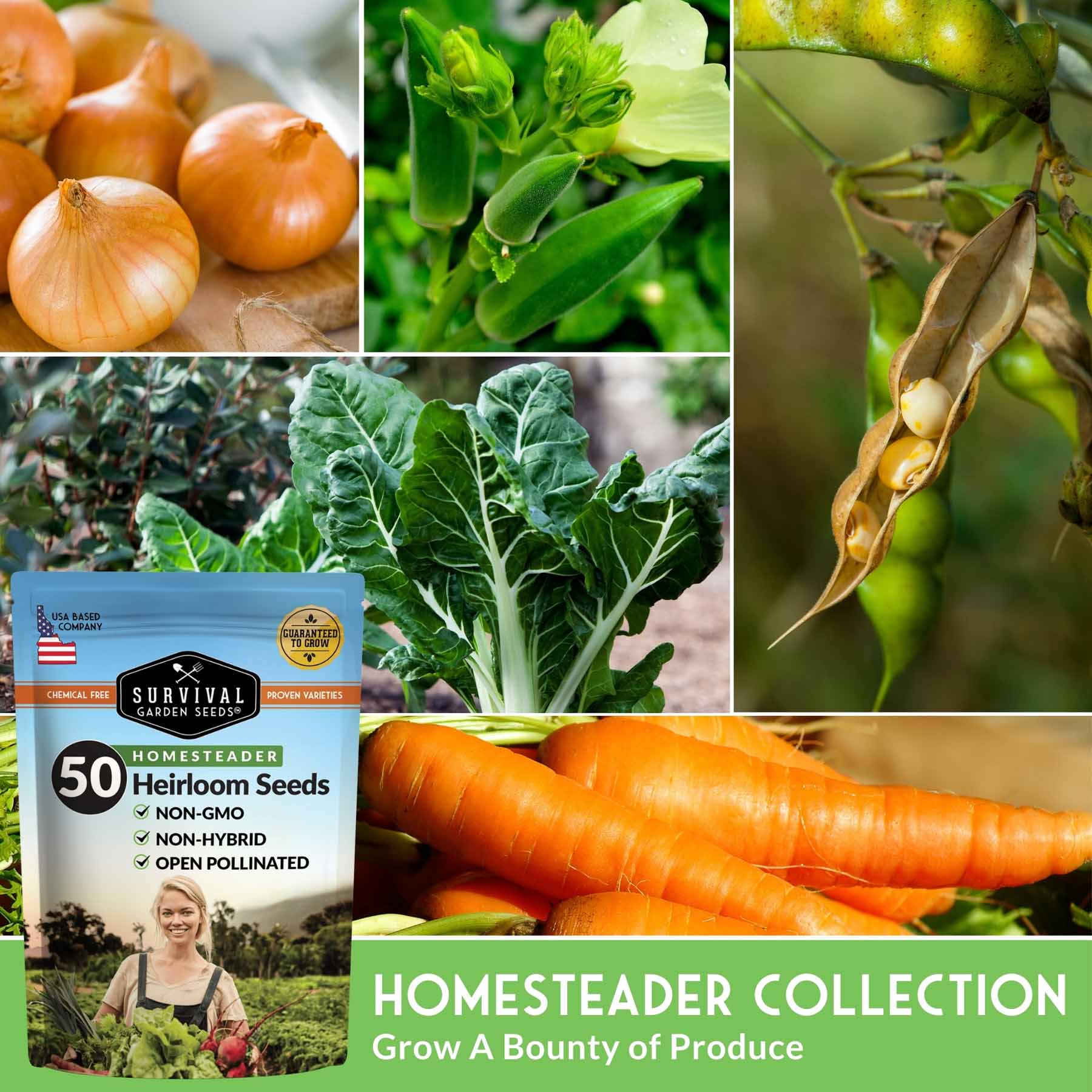 Homestead Garden Collection vegetable seeds by SurvivalGardenSeeds, showing colorful packets of 50 essential seeds for self-reliant gardening.