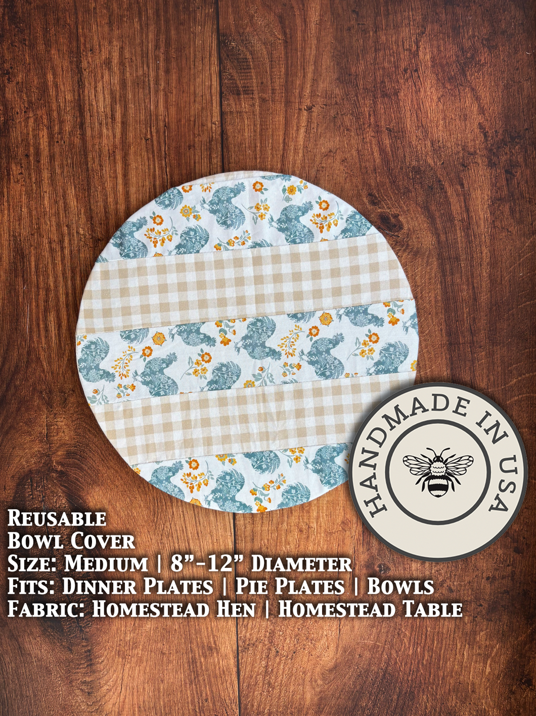 Medium bowl and banneton covers from Five Oaks Farm, rustic homestead-style kitchen accessories on a wooden table.