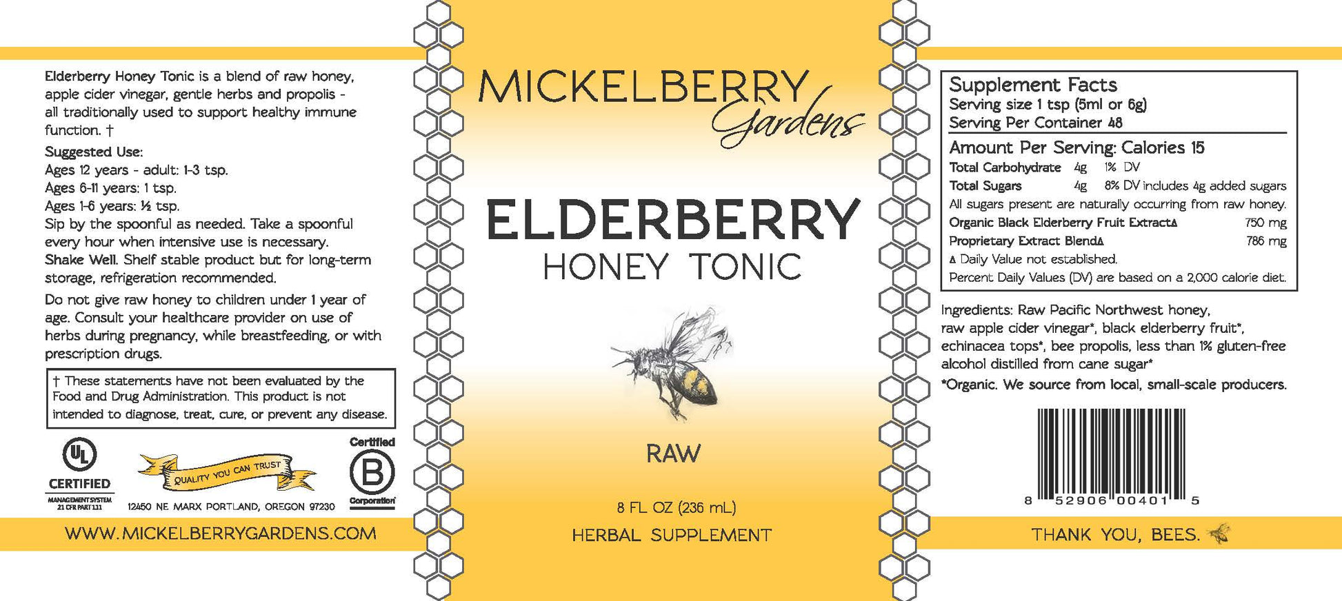 8oz bottle of Mickelberry Gardens Elderberry Honey Tonic showing the label with honey and elderberry ingredients.