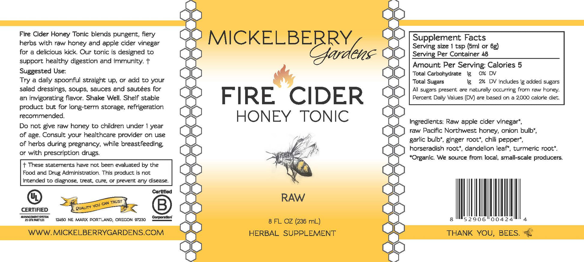 8oz bottle of Mickelberry Gardens Fire Cider Honey Tonic with raw honey and spicy ingredients in a clear glass bottle.