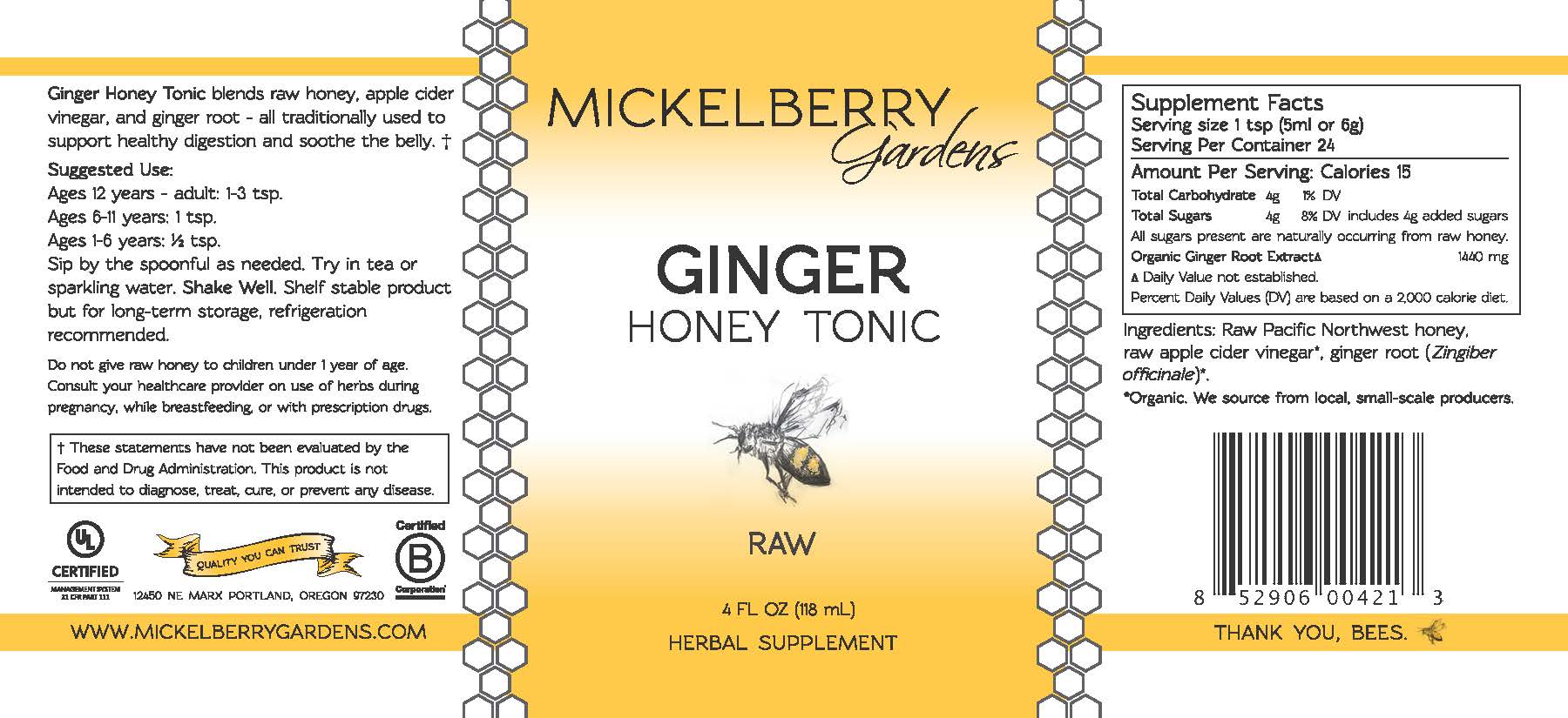 4oz bottle of Mickelberry Gardens Ginger Honey Tonic showing a clear glass bottle with a golden honey and ginger infusion.