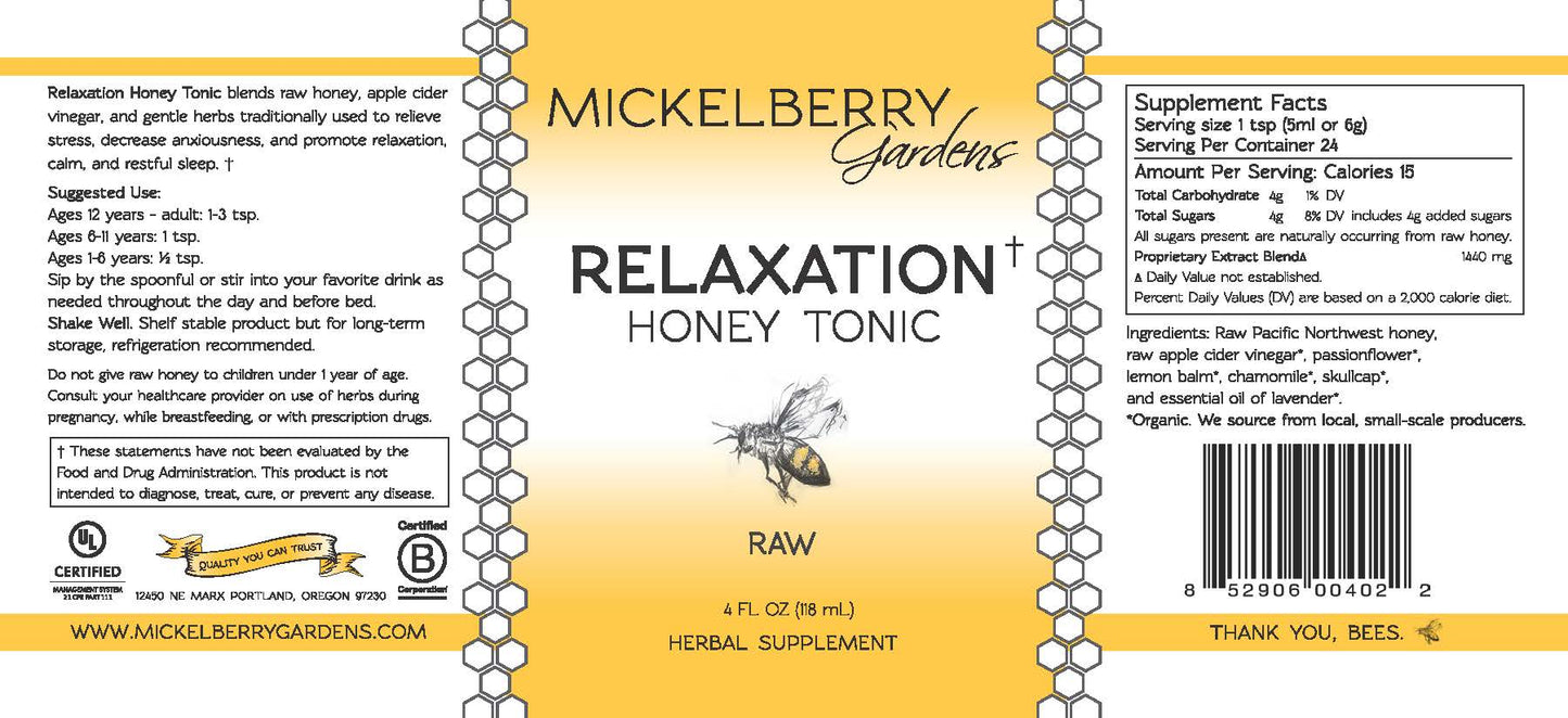 4oz bottle of Mickelberry Gardens Relaxation Honey Tonic with golden honey in a clear glass bottle, labeled for soothing benefits.