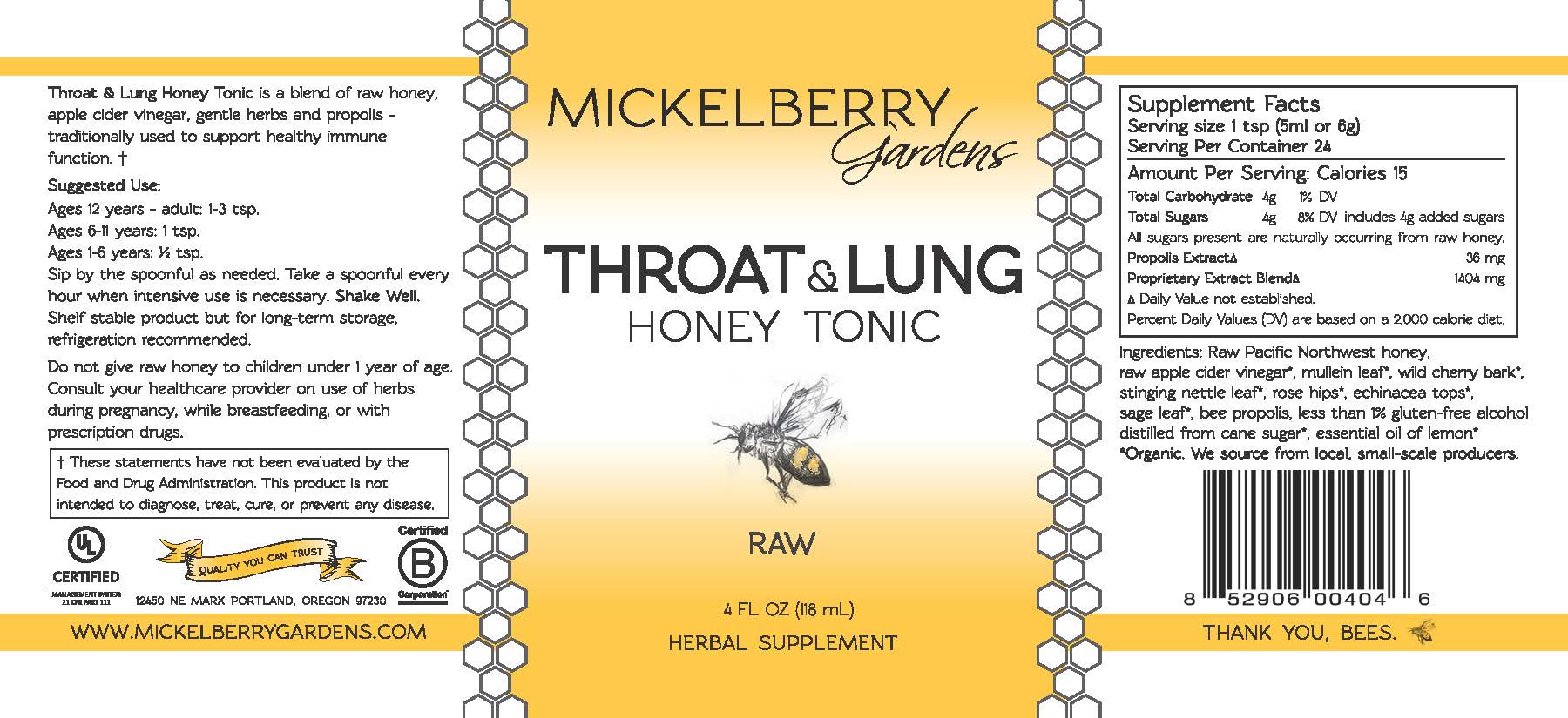 Mickelberry Gardens Throat and Lung Honey Tonic in a 4oz bottle, featuring honey and herbal ingredients for soothing respiratory health.