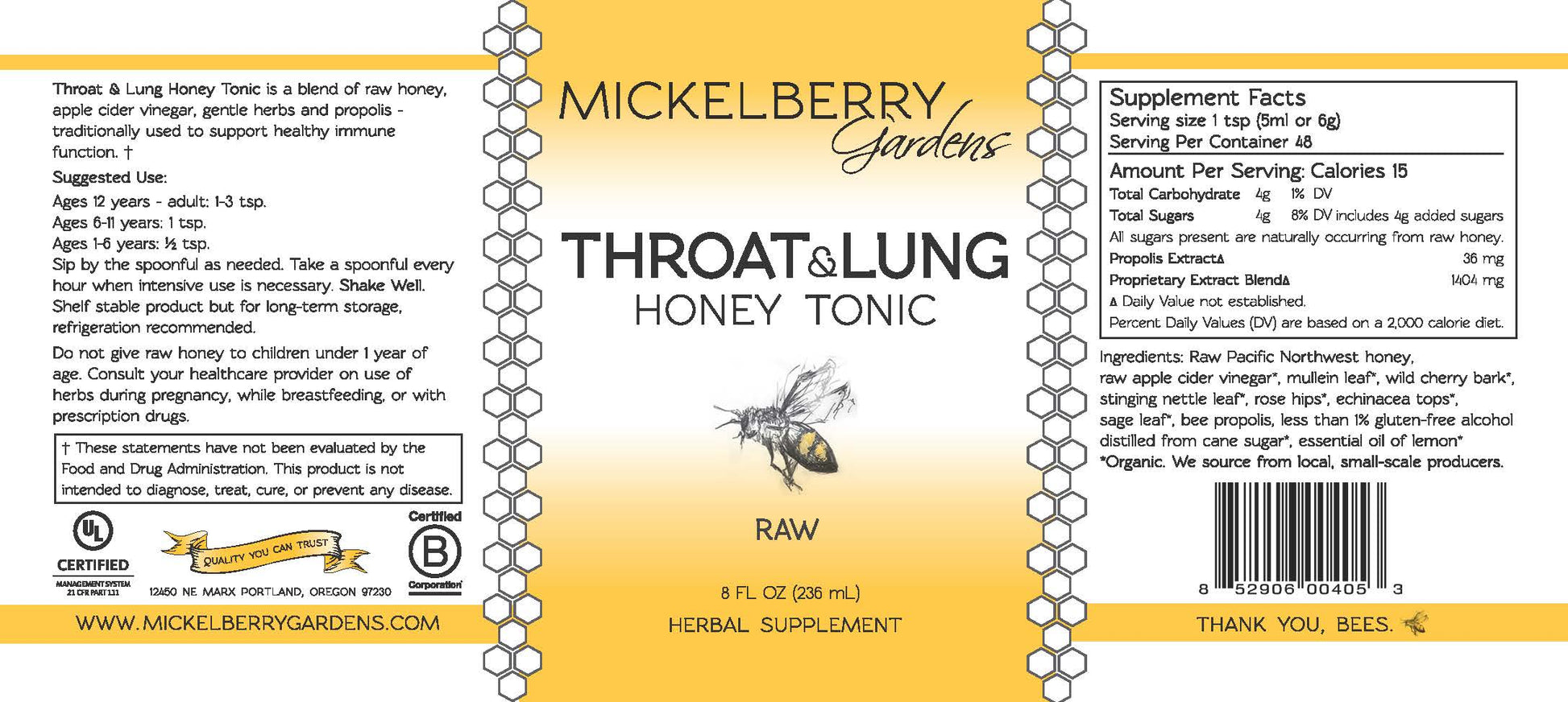 8oz bottle of Mickelberry Gardens Throat and Lung Honey Tonic with natural honey and herbal ingredients in a clear glass bottle.