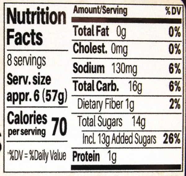 Canned Amish Country Store sweet pickled Brussels sprouts in 17oz. jar, showing nutritional label on the front.
