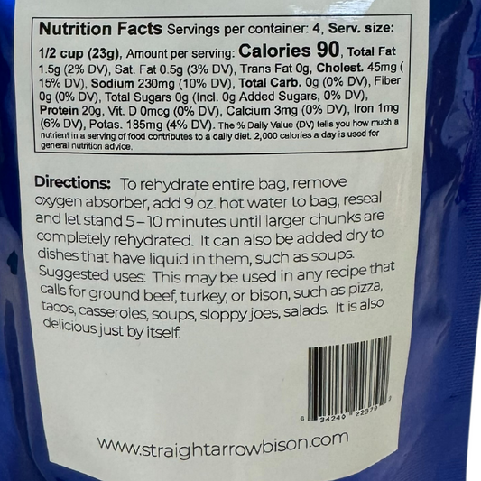 Freeze dried fully cooked ground bison in 100g package from Straight Arrow Bison, ready to add to your meals.