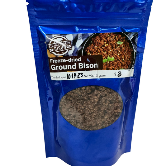 Freeze dried fully cooked ground bison from Straight Arrow Bison, displayed in a 100-gram package.