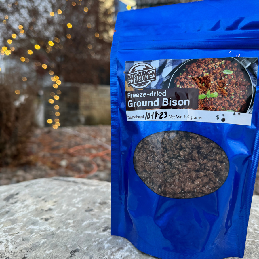 Freeze dried fully cooked ground bison from Straight Arrow Bison, 100 grams, shown in the image.