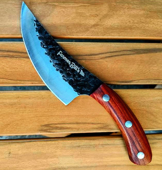 Farmer Bill's Provisions knife with a wooden handle and sharp blade, ideal for farming or outdoor tasks.