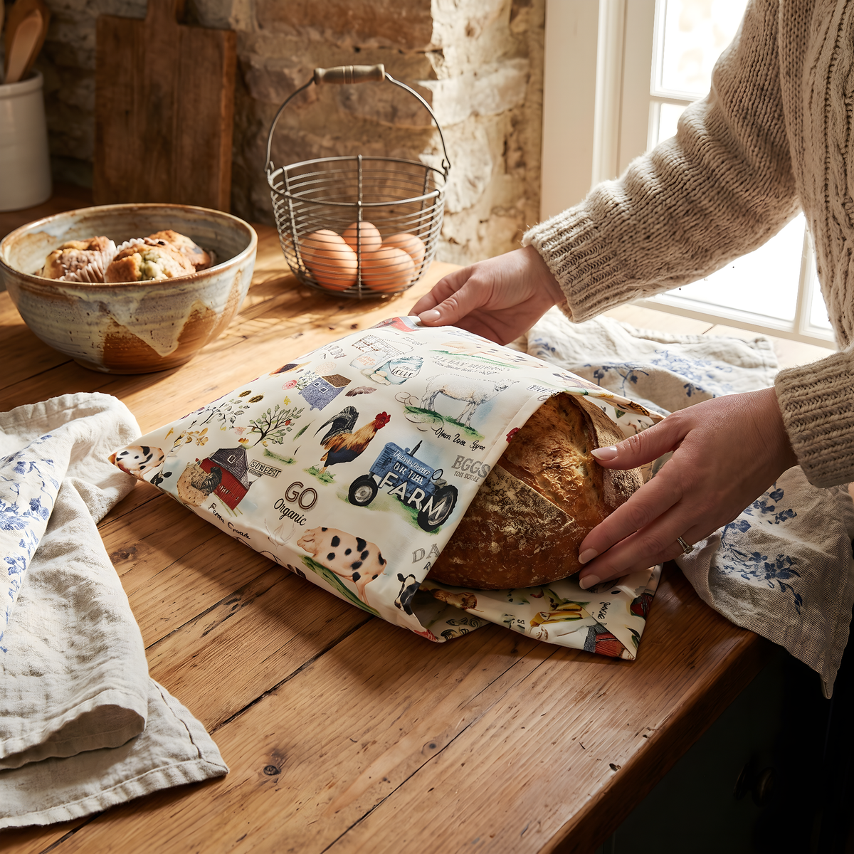 Beeswaxed bread bag from Five Oaks Farm, natural cotton with beeswax coating, reusable and eco-friendly for bread storage.