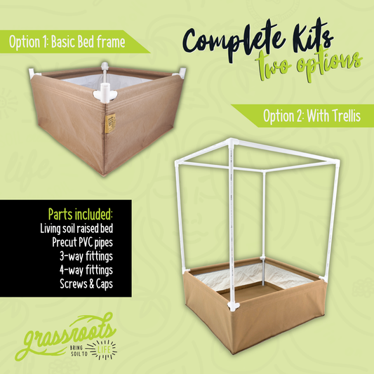 Complete kit of Grassroots Fabric Pots living soil fabric bed with fabric container for gardening and planting.