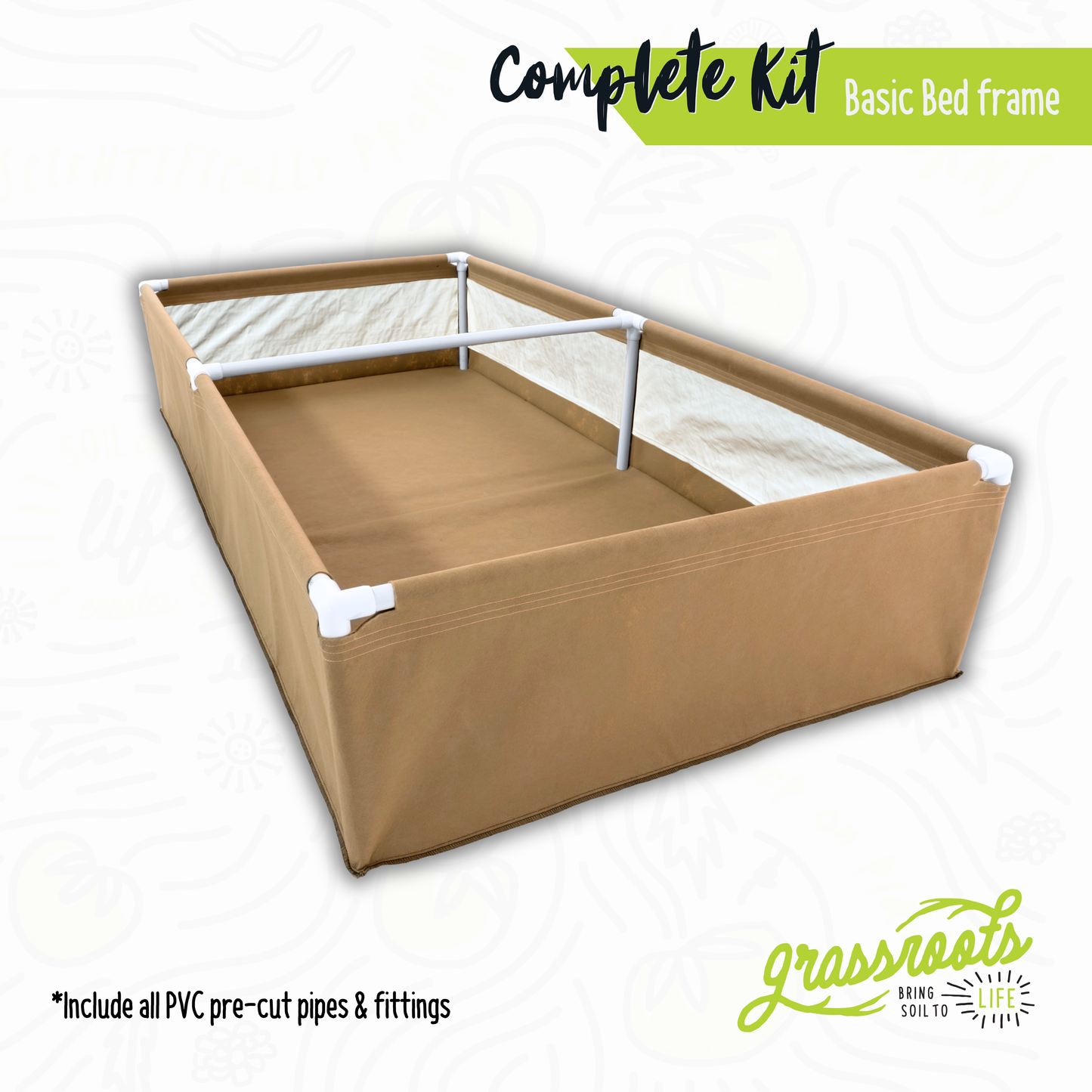 Complete Grassroots Fabric Pots living soil fabric bed kit with layered soil, fabric sides, and gardening accessories for sustainable planting.